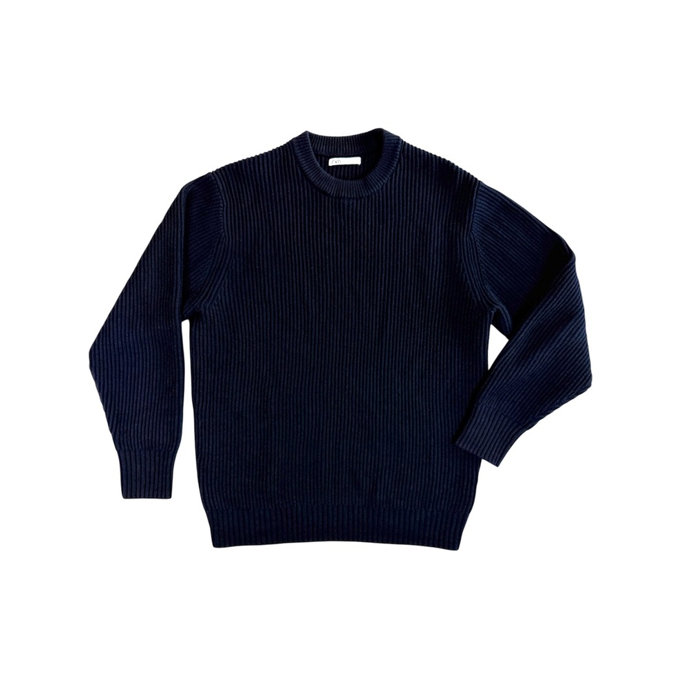 Zara Ribbed Knit Sweater Mens Small Navy Blue Crewneck Long Sleeve